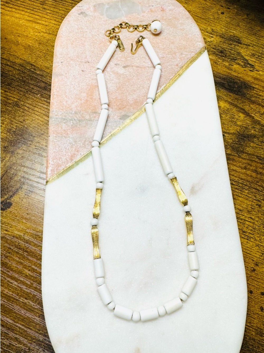 Monet White Beaded Necklace Gold Tone Accents Vintage Adjustable Minimalist